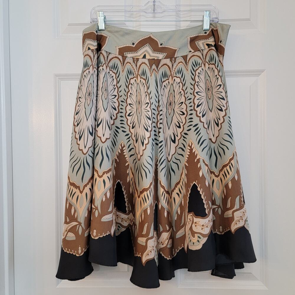 Coldwater Creek Silk Skirt Petite Large Green Brown Black Art Deco Boho Flowy
